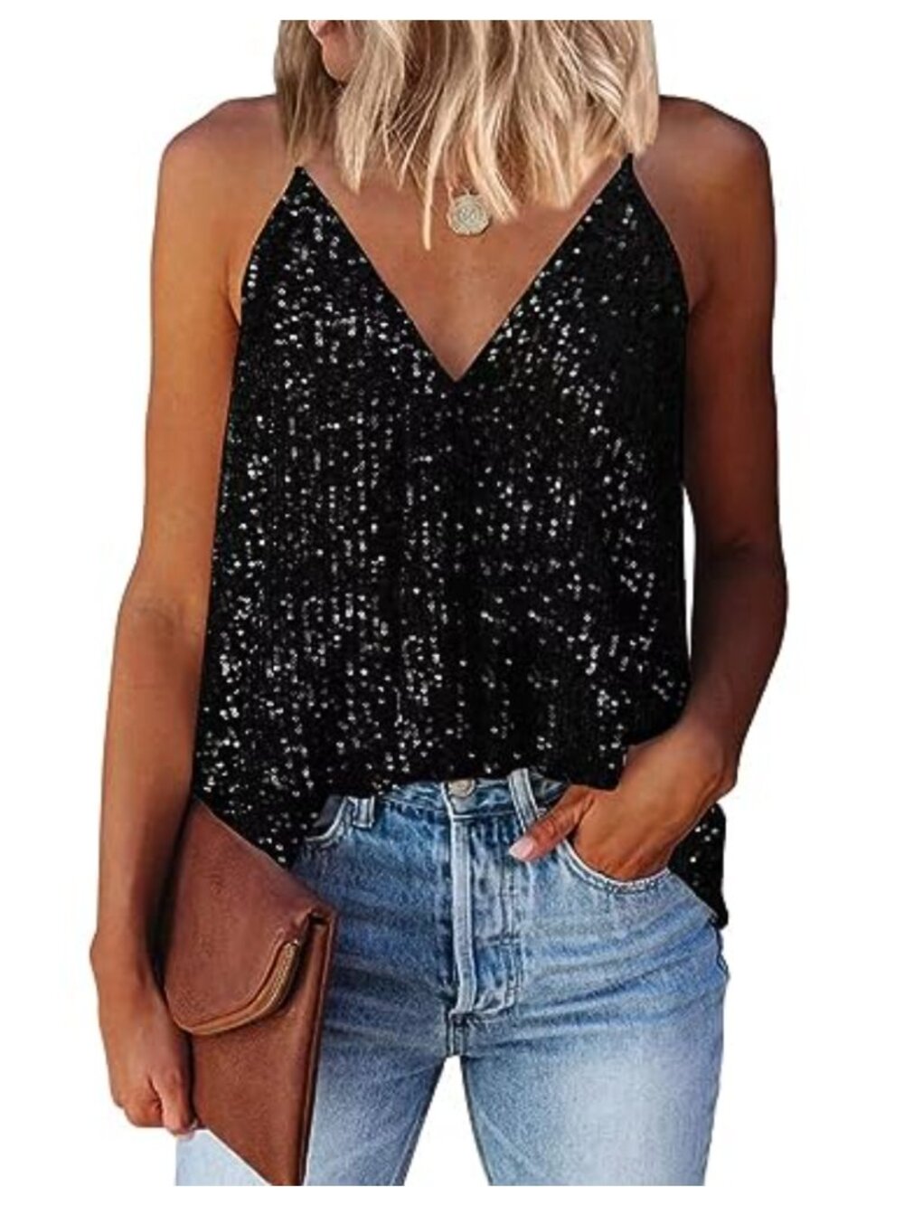 Sequin V-Neck Cami Tank Top Sparkle Party Top Adjustable Backless